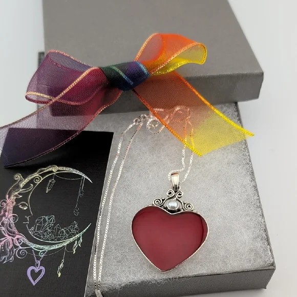 Sterling Silver Heart Pendant Necklace with Red Center - Picture 2 of 6